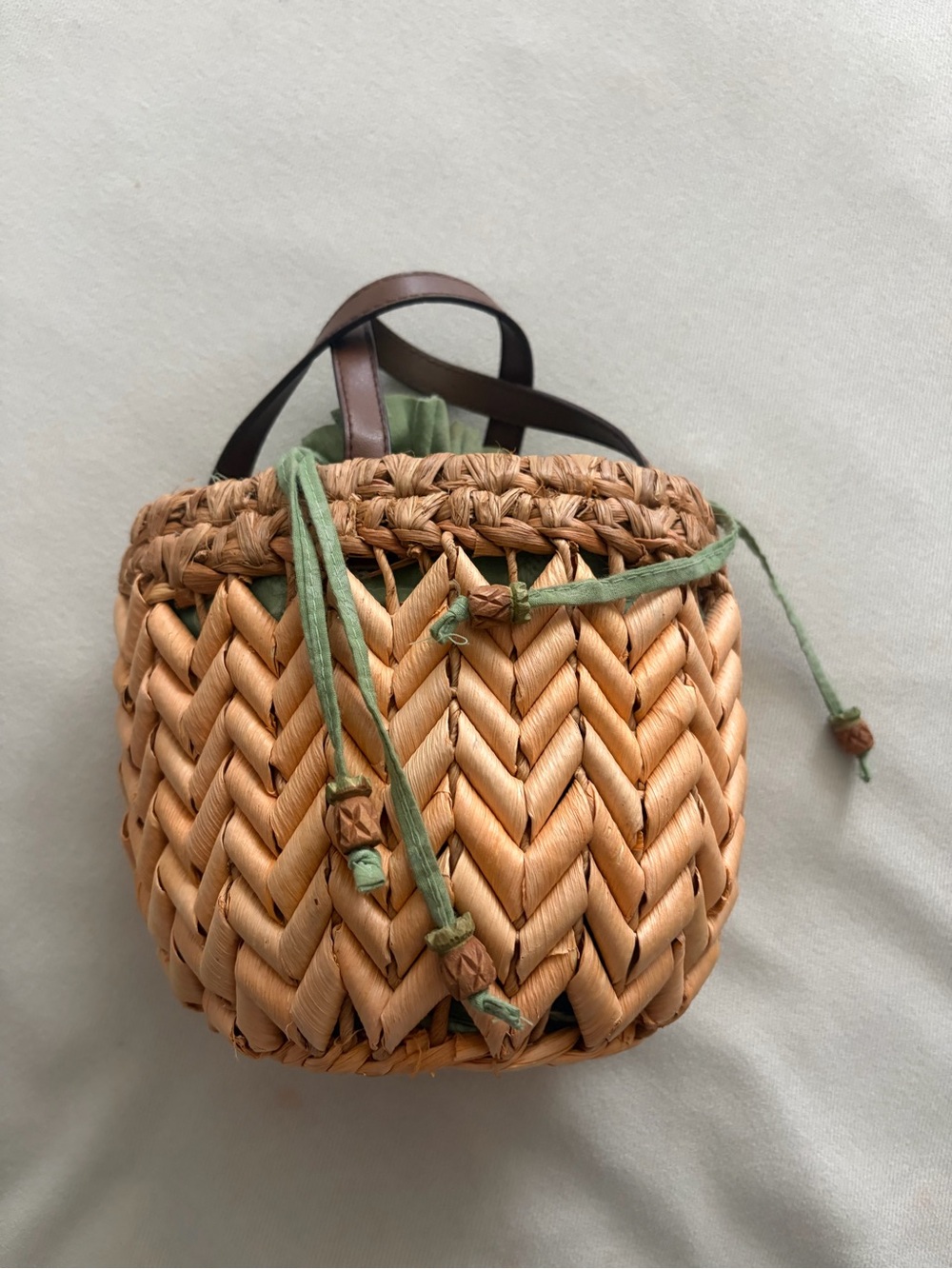 Vintage Cappelli Straworld Woven Straw Bucket Bag with Green Tie Detail